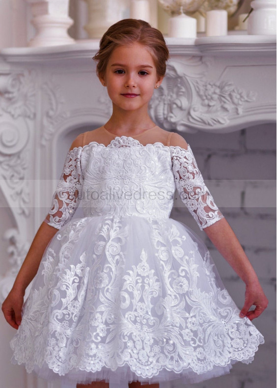 White Lace Tulle Buttons Back Flower Girl Dress Tutu Dress White Lace Tulle Buttons Back Flower Girl Dress Tutu Dress